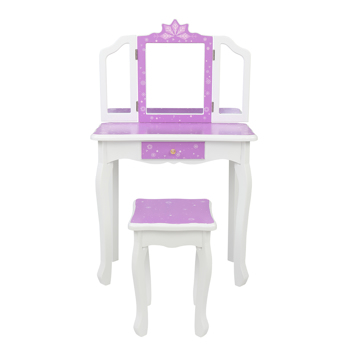 Children\\'s Wooden Dressing Table Three-Sided Folding Mirror Dressing Table  Chair Single Drawer Purple   Snowflake Style