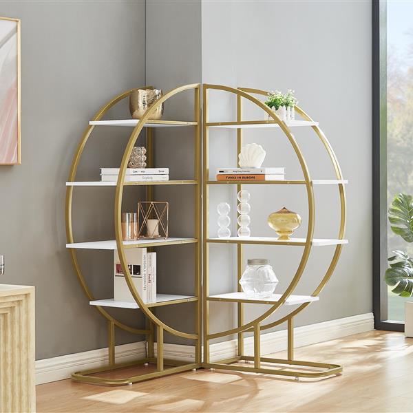 4 Tiers Home Office Open Bookshelf, Round Shape, Different Placement Ways, MDF Board, Gold Metal Frame, White