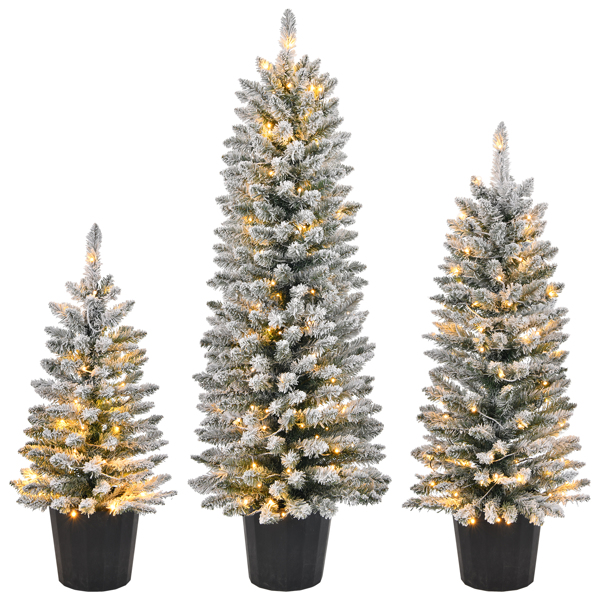 Set of 3 Pre-lit Xmas Trees with Pot Stands, 3/4/5 FT Snow Flocked Artificial Christmas Trees with 50/100/150 Warm Lights Battery Operated and 130/180/250 Branch Tips for Holiday Party Office Home