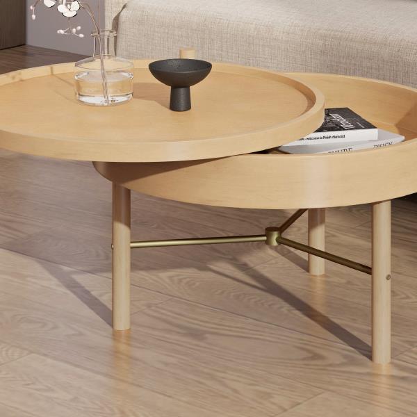 Modern Round Wood Rotating Tray Coffee Table with Storage & Metal Legs in Natural