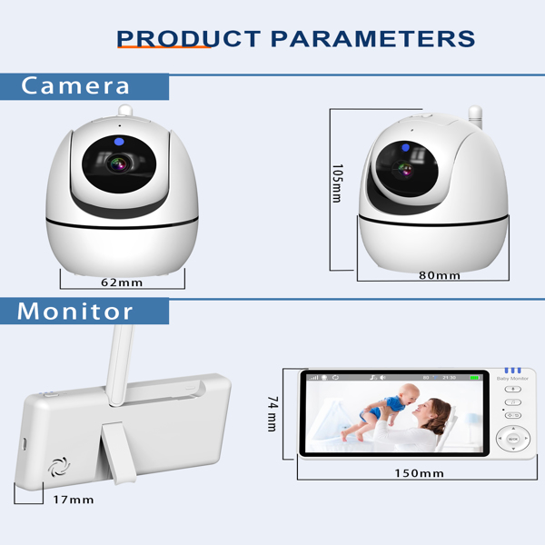 Baby Monitor 720P with Camera 5 Inch HD 3500mAh  IPS Display, VOX Mode Digital Zoom Night Vision Two-Way Talk Temperature Display