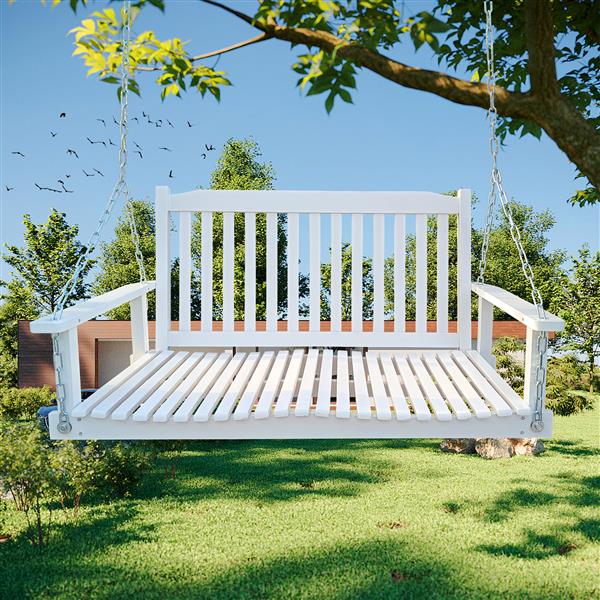 Front Porch Swing with Armrests, Wood Bench Swing with Hanging Chains,for Outdoor Patio ,Garden Yard, porch, backyard, or sunroom,Easy to Assemble,white