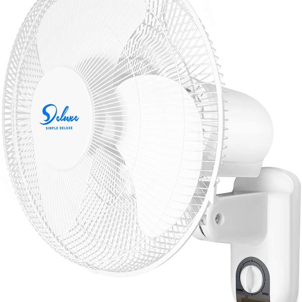 Simple Deluxe Household Wall Mount Fans 16 Inch Adjustable Tilt, 90 Degree, 3 Speed Settings, 1 Pack, White