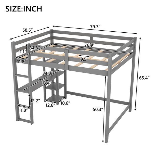 Full Size Loft Bed with Built-in Desk and Shelves,Gray