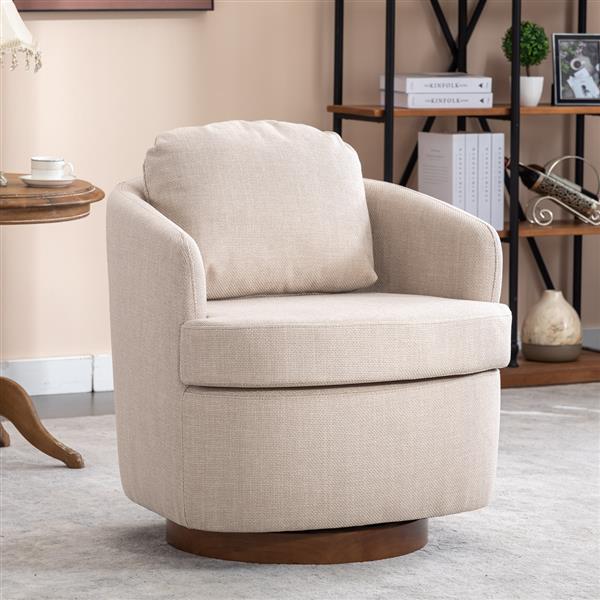 035-Linen Fabric Swivel Accent Chair With Soild Wood Round Brown Base Leg,Beige