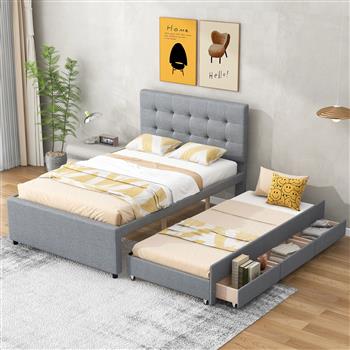 Full Size Upholstered Platform Bed with Pull-out Twin Size Trundle and 3 Drawers, Gray