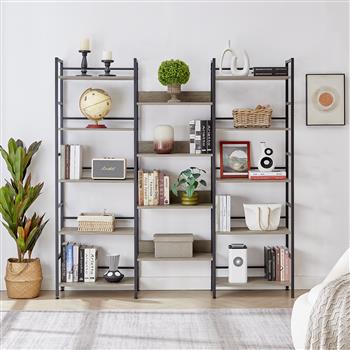 Triple Wide 5-shelf Bookshelves Industrial Retro Wooden Style Home and Office Large Open Bookshelves, Grey, 69.3\\"W x 11.8\\"D x 70.1\\"H