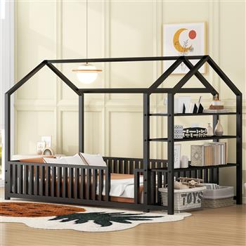 Twin Size Metal House Bed with Fence and Detachable Storage Shelves, Black