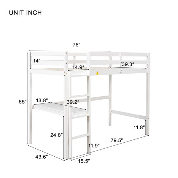 Twin Loft Pine Wood Bed with  built-in desk, Safety Guardrails, Ladder,White