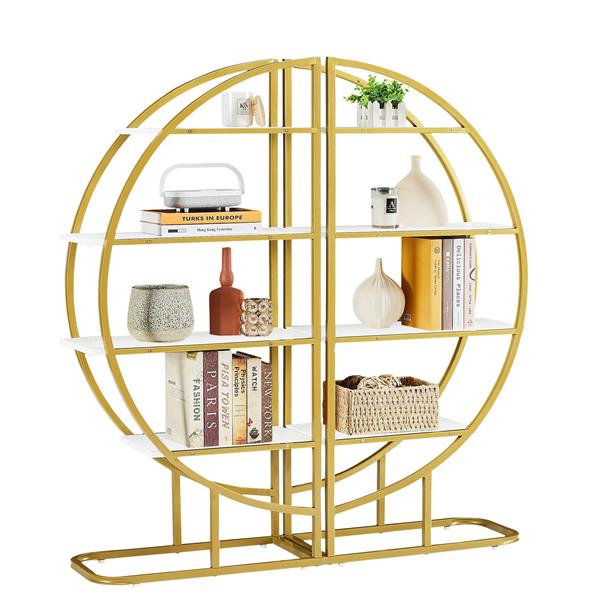 4 Tiers Home Office Open Bookshelf, Round Shape, Different Placement Ways, MDF Board, Gold Metal Frame, White