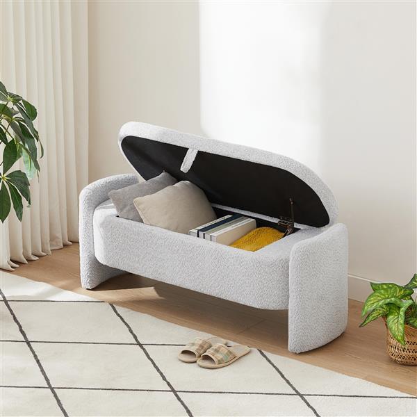 Oval Storage Bench 3D Lamb Fleece Fabric  Bench with Large Storage Space for the Living Room, Entryway and Bedroom,gray