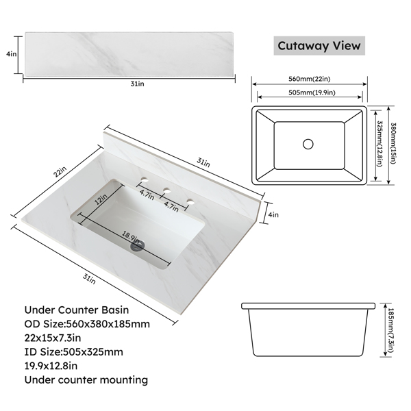 31 Inch Marble Vanity Top, White Vanity Top with Pre-drilled Faucet Holes, Bathroom Vanity Top with Undermount Rectangular Middle Sink and 4" Height Backsplash Three Holes