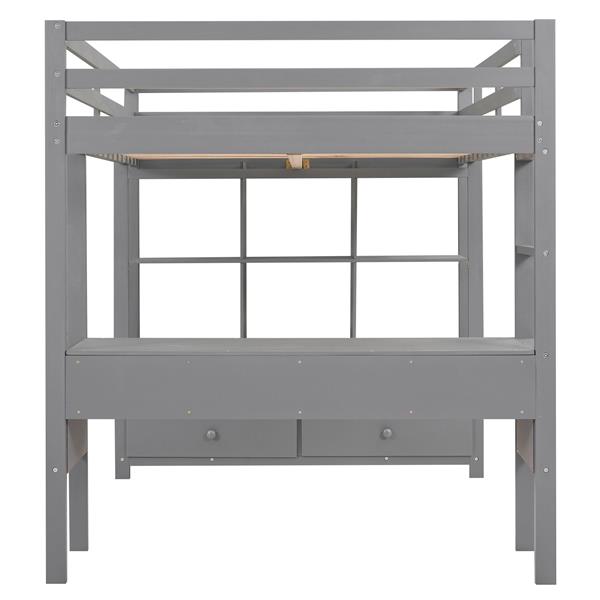 Full Size Loft Bed with Built-in Desk with Two Drawers, and Storage Shelves and Drawers,Gray