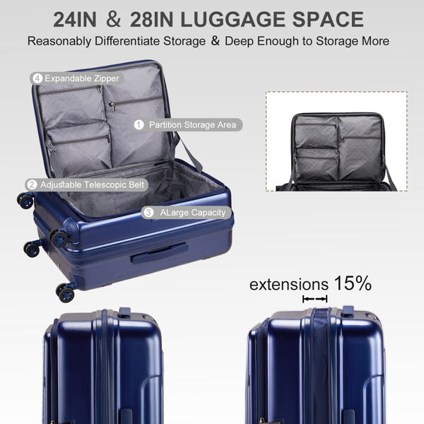 Expandable Carry on Luggage 22 ×14 × 9 Airline Approved with USB Port, ABS+PC 20 Inch  Luggage with Front Compartment, Double Spinner Wheels, TSA Lock, Navy Blue