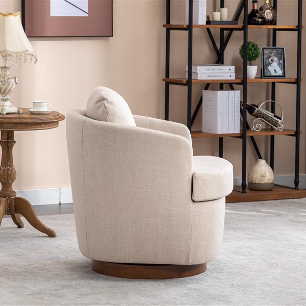 035-Linen Fabric Swivel Accent Chair With Soild Wood Round Brown Base Leg,Beige