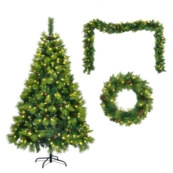 6FT Grass Green Christmas Tree, Large Branches Pine Tree, Pre-Lit Set with Tree & Garland & Wreath, Artificial Christmas with Pine Cones, Hinged Xmas Tree , for Holiday Party Ofiice Home 