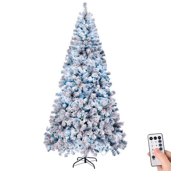 8 FT Pre-lit Snow Flocked Christmas Tree, Artificial Hinged Xmas Pine Tree with 1300 Branch Tips, 500 Lights and Remote Control for Holiday Party Office Home, Snowy Green