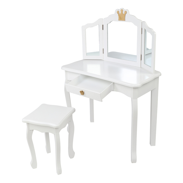 Children's Wooden Dressing Table Three-Sided Folding Mirror Dressing Table Chair Single Drawer White Crown Style