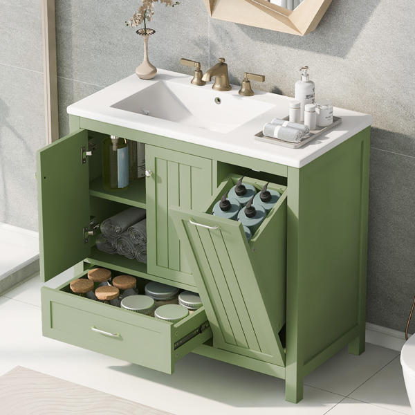 36" Bathroom Vanity with Sink, One Cabinet with Two doors and One Big Drawer and One Flip Drawer, Solid Wood and MDF Board, Green 