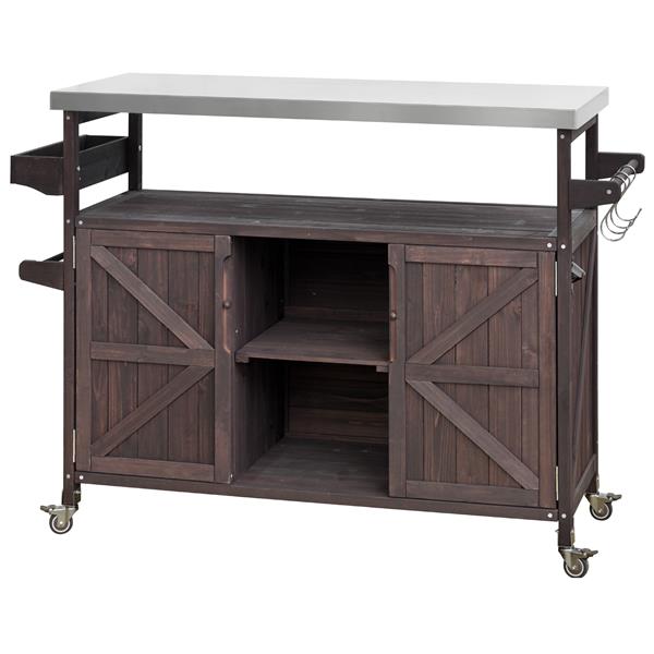  Outdoor Kitchen Island, Rolling Bar Cart & Storage Cabinet, Farmhouse Solid Wood Outdoor Grill Table with Stainless Steel Top, Spice Rack , Towel Rack for Kitchen & Barbecue , Dark Brown