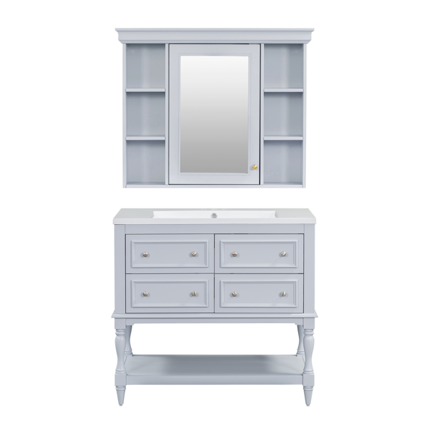 36'' Bathroom Vanity with Medicine Cabinet, Modern Mirror Cabinet with Adjustable Shelf, Bathroom Storage Cabinet with 4 Drawers, Solid Wood Frame Bathroom Storage Cabinet 