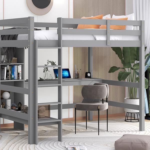 Full Size Loft Bed with Multifunction Shelves and Under-bed Desk, Gray