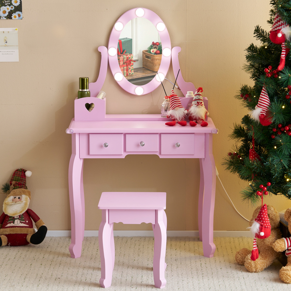 FCH Kids Vanity Set with Mirror and Lights and Stool, 5 Storage Drawers, Pretend Play Princess Makeup Desk Dressing Table and Stool Set for Little Girls Age 3+, Macaroon Purple