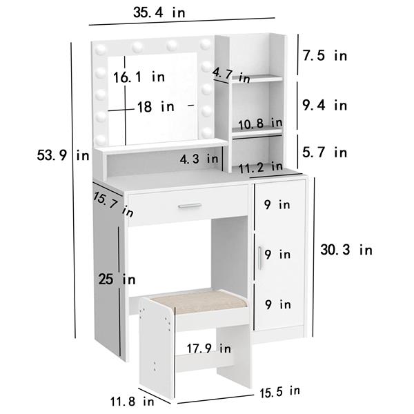 Vanity Desk with Mirror & Light, Large Drawer Three Level Storage Dresser, 3 Lighting Modes Adjustable Brightness, Bedroom Dressing Table (White with Stool)