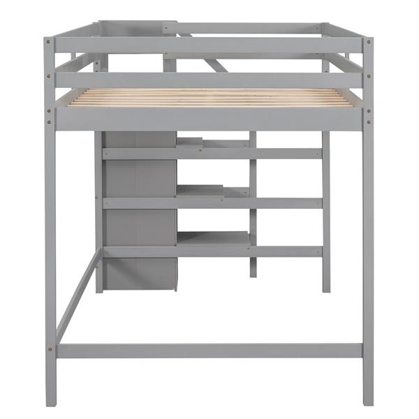 Full Size Loft Bed with Built-in Storage Wardrobe and Staircase, Gray