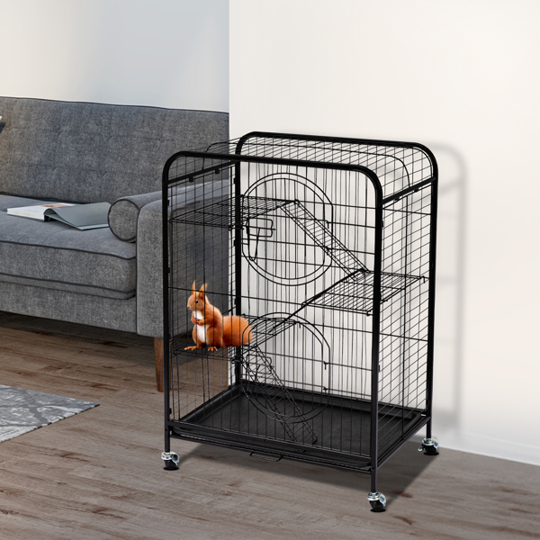 37" Metal Ferret Chinchilla Cage, Small Animals Hutch with Ramps and Feeders and Wheels, Rabbit Guinea Pig Rat Squirrel Kitten Playpen House, Black