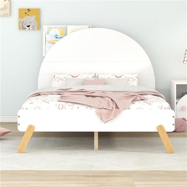 Wooden Cute Platform Bed With Curved Headboard ,Full Size Bed With Shelf Behind Headboard,White