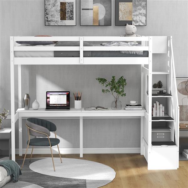 Twin Size Loft Bed with Storage Staircase and Built-in Desk, White