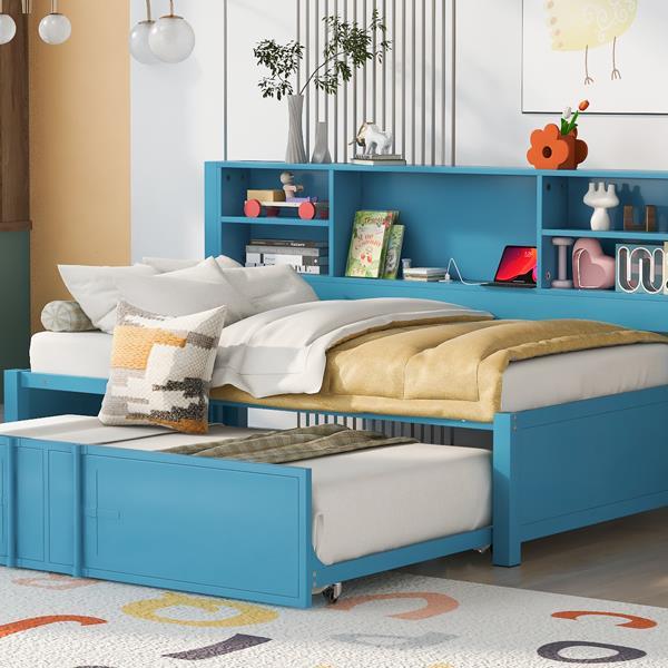 Metal Twin Size Daybed with Twin Size Trundle, Storage Shelves and USB Ports, Blue