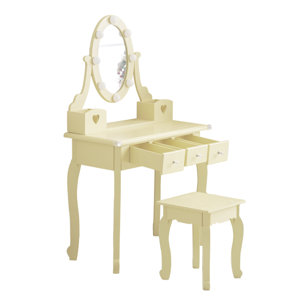 FCH Kids Vanity Set with Mirror and Lights and Stool, 5 Storage Drawers, Pretend Play Princess Makeup Desk Dressing Table and Stool Set for Little Girls Age 3+, Macaroon Yellow