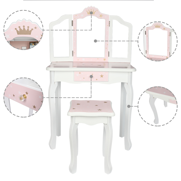 Wooden Toy Children's Dressing Table Three Foldable Mirror/Chair/Single Drawer Pink Star Style