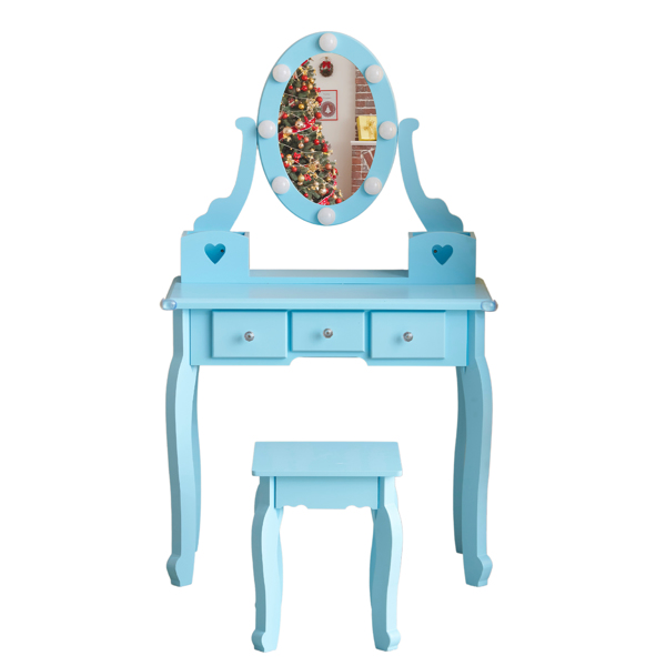 FCH Kids Vanity Set with Mirror and Lights and Stool, 5 Storage Drawers, Pretend Play Princess Makeup Desk Dressing Table and Stool Set for Little Girls Age 3+, Macaroon Blue