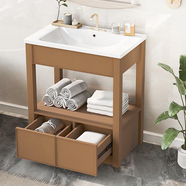 30" Bathroom Vanity with Sink Top, Bathroom Cabinet with Open Storage Shelf and Two Drawers, Brown