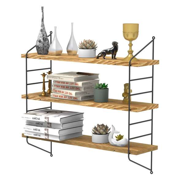 23-Inch Modern Industrial Metal and Torched Wood Adjustable Wall Mounted 3-Tier Display Floating Shelf