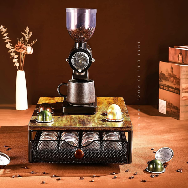 Coffee Capsule Storage Drawer, Coffee Maker Shelf, Countertop Organizer with Sliding Basket for Underneath Coffee Maker, Space Saving Coffee Bean Holder, K-Cup Organizer for Kitchen, Dining Room