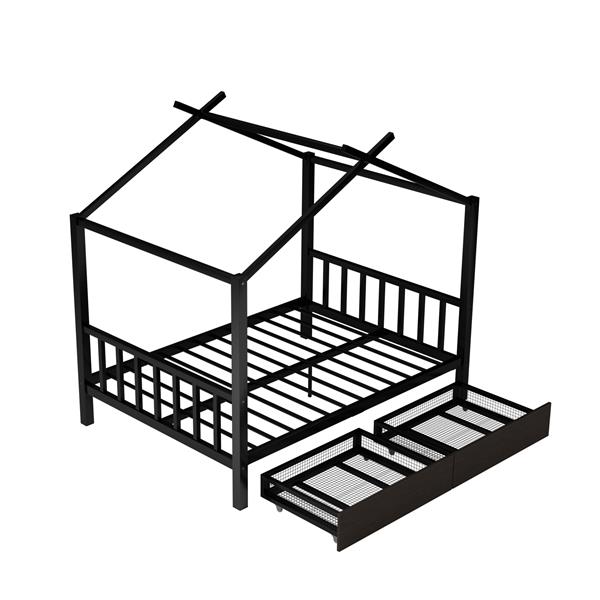 Full Size Metal House Platform Bed with Two Drawers,Headboard and Footboard,Roof Design,Black