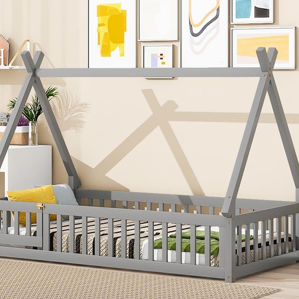 Twin Tent-shaped Floor Bed, with Guardrails, Slats, Door ,Grey