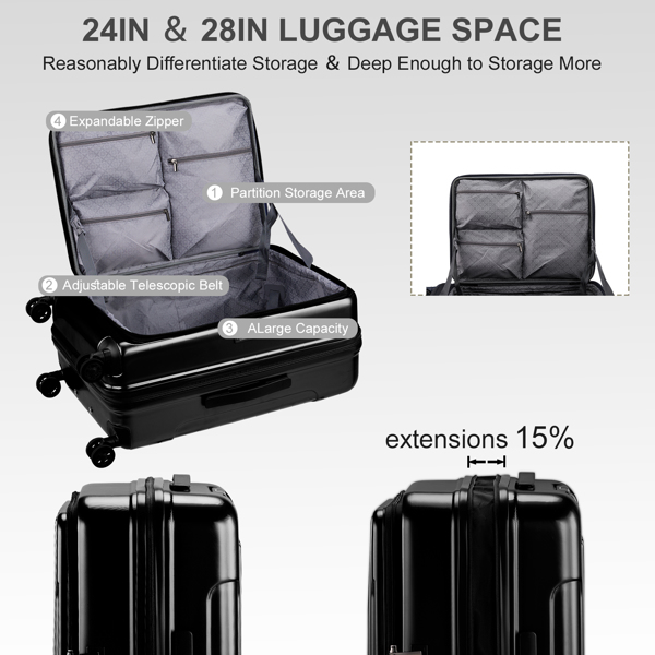 Expandable Carry on Luggage 22 ×14 × 9 Airline Approved with USB Port, ABS+PC 20 Inch  Luggage with Front Compartment, Double Spinner Wheels, TSA Lock, Black