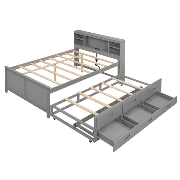 Full Size Platform Bed with Storage Headboard, USB, Twin Size Trundle and 3 Drawers, Gray