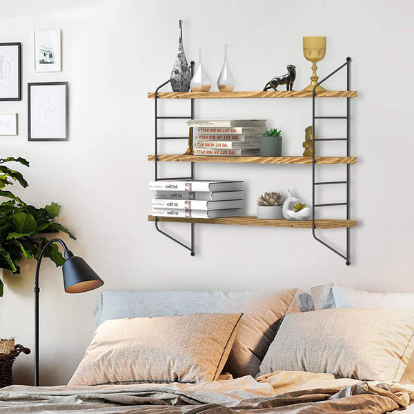 23-Inch Modern Industrial Metal and Torched Wood Adjustable Wall Mounted 3-Tier Display Floating Shelf