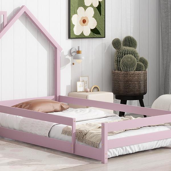 Twin Size Wood bed with House-shaped Headboard Floor bed with Fences,Pink