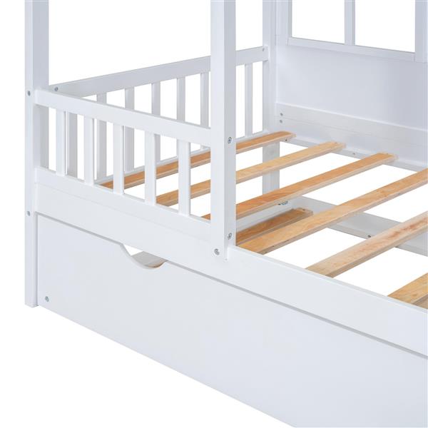 Twin Size Wood House Bed With Twin Size Trundle, Wooden Daybed, White