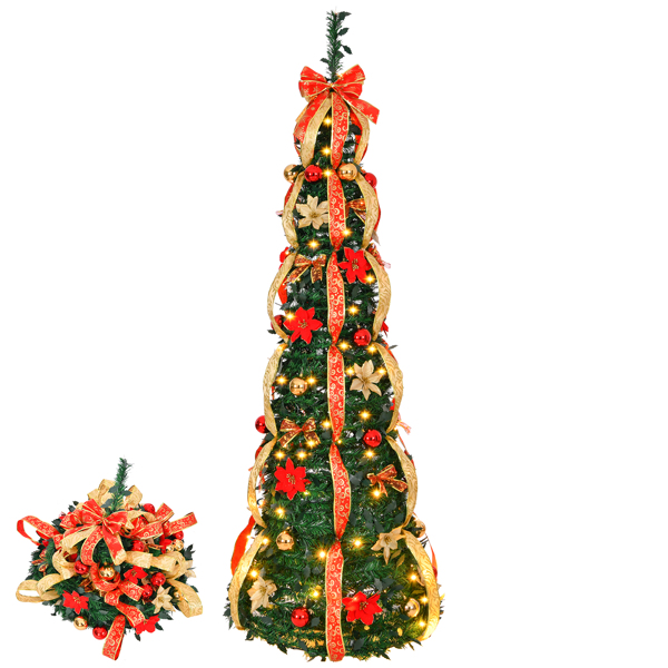 6 FT Fully Decorated Pre-lit Christmas Tree, Pop Up Artificial Xmas Tree with 150 Warm Lights Battery Operated and Red & Golden Ornaments for Home Office Store Holiday Deco