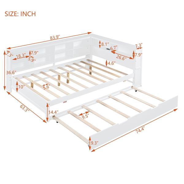 Wooden Full Size DayBed with Twin Size Trundle, DayBed with Storage Shelf and USB Charging Ports,White