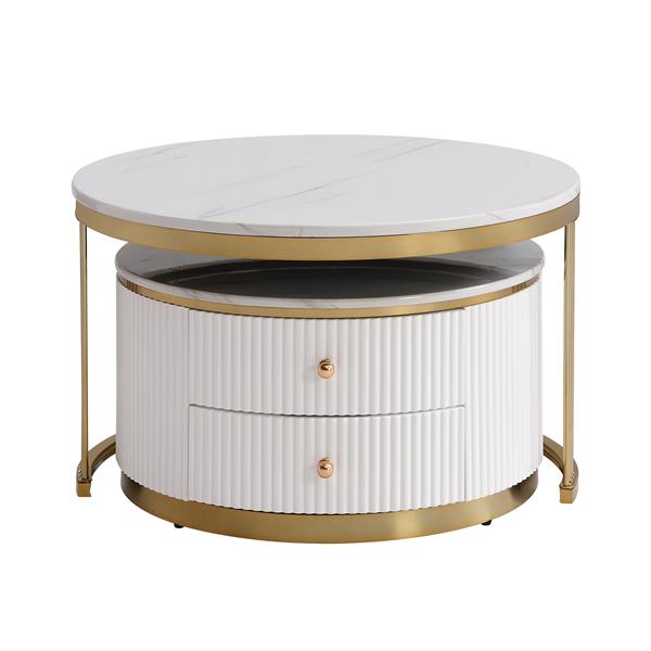 Modern 2 Pieces White Round Nesting  Coffee Table with Drawers in 27.6''