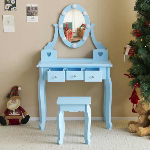 FCH Kids Vanity Set with Mirror and Lights and Stool, 5 Storage Drawers, Pretend Play Princess Makeup Desk Dressing Table and Stool Set for Little Girls Age 3+, Macaroon Blue